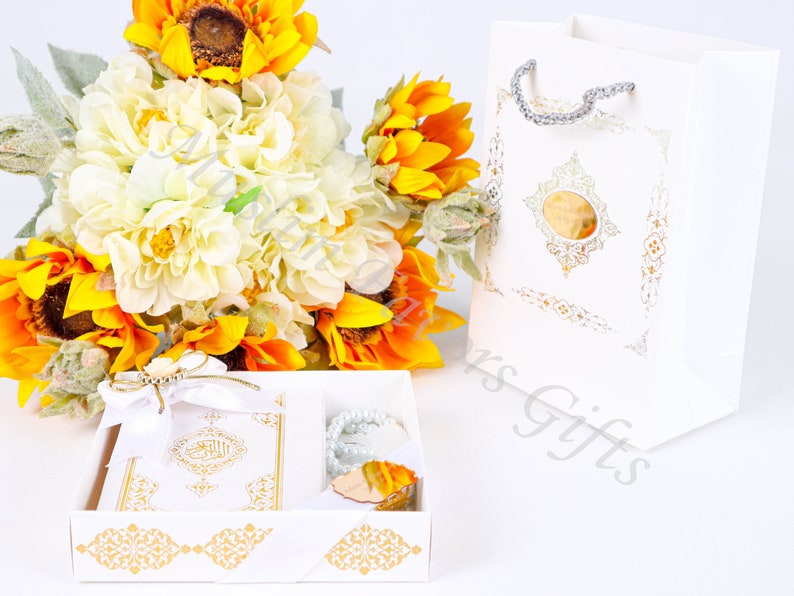 Personalized White Quran Box Cardboard Bag Pearl Prayer Bead Islamic Gift Set Ramadan Eid Hajj Umrah Wedding Birthday Graduation Gift image 4