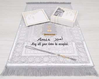 Personalized Gray Heavy Velvet Prayer Mat Quran Tasbih Gift Set | Ramadan Eid Hajj Umrah Wedding Birthday Father's Day Valentine's Day Gift