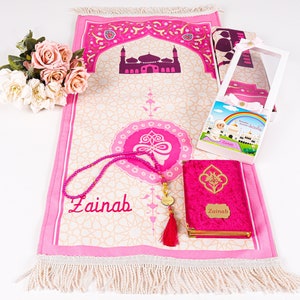 Personalized Kids Prayer Mat Quran Tasbih Gift Set for Girls | Salah Mat Janamaz Ramadan Eid Hajj Umrah Birthday Graduation Gifts for Kids