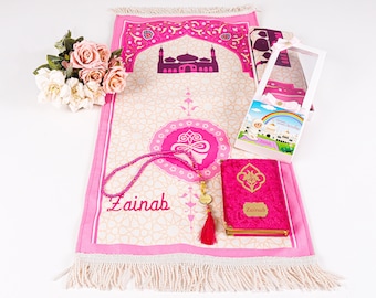 Personalisierte Kinder Gebetsmatte Koran Tasbih Geschenkset für Mädchen | Salah Mat Janamaz Ramadan Eid Hajj Umrah Geburtstag Geschenke für Kinder