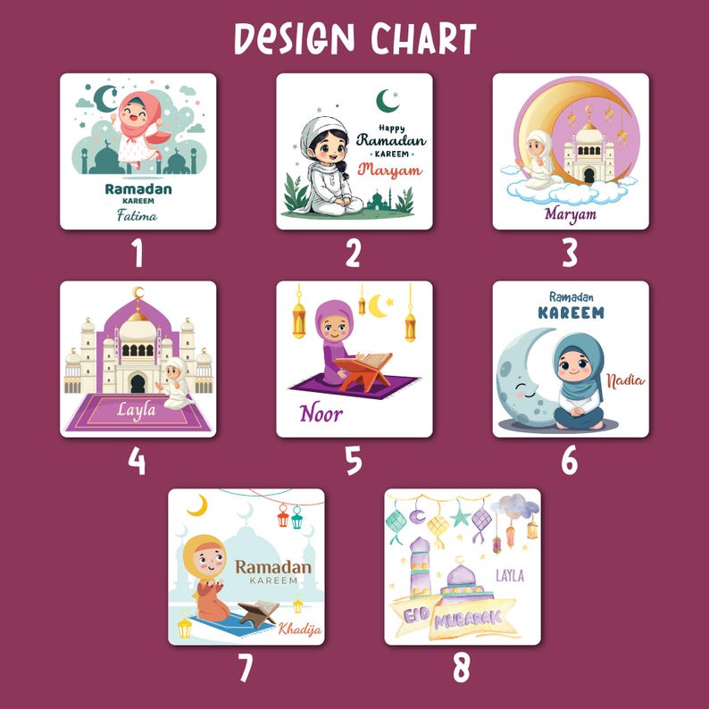 Peut inclure: Un tableau de conception avec huit illustrations carr&eacute;es sur le th&egrave;me islamique. Chaque image comprend des personnages de dessins anim&eacute;s, des mosqu&eacute;es, des croissants de lune et du texte tel que "Ramadan Kareem" et des noms comme Fatima, Maryam et Layla. Le fond est violet fonc&eacute;.