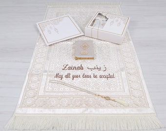 Personalized Beige Heavy Velvet Prayer Mat Quran Tasbih Gift Set | Ramadan Eid Hajj Umrah Wedding Birthday Mother's Day Valentine's Day Gift