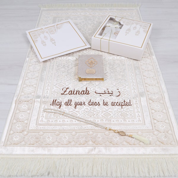 Personalized Beige Heavy Velvet Prayer Mat Quran Tasbih Gift Set | Ramadan Eid Hajj Umrah Wedding Birthday Mother's Day Valentine's Day Gift