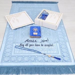 Personalized Blue Heavy Velvet Prayer Mat Quran Tasbih Gift Set | Ramadan Eid Hajj Umrah Wedding Birthday Father&#39;s Day Valentine&#39;s Day Gift