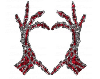 Valentines Heart - Skeleton Hands - Black and Red Glitter