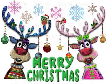 Colorful Christmas Reindeer Buck and Doe with ornaments and Merry Christmas