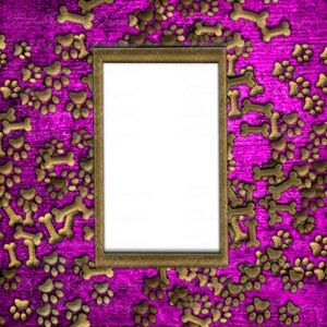 Pode incluir: Uma moldura de imagem dourada com fundo branco, cercada por um fundo rosa com pegadas de patas douradas e ossos.