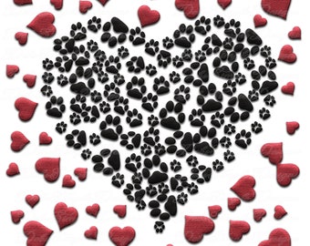Black Heart made with Paw Prints with Scattered Red Hearts