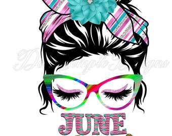 May include: A digital illustration of a woman with a messy bun, wearing colourful glasses and a pink and blue striped headband with a turquoise flower. The text "June Girl" is written in gold glitter below the woman's face.