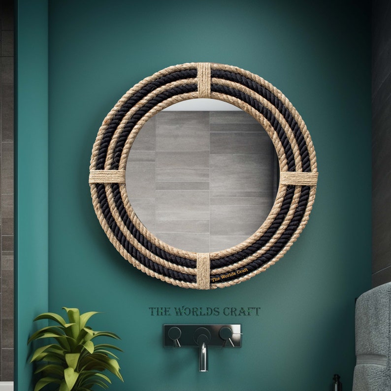 Nautical Rope Hanging Mirror - Round Farmhouse Style Accent, Decorative ...