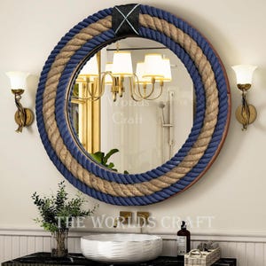 Soft Touch Cotton Rope Hanging wall Mirror - Round Farmhouse Nautical Décor, Decorative Bathroom & Entryway Circular Porthole Coastal Style