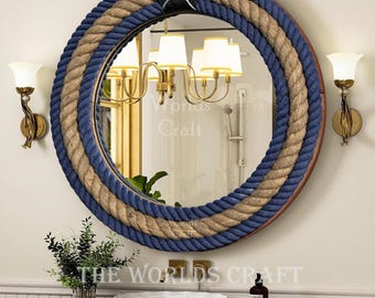 Soft Touch Cotton Rope Hanging wall Mirror - Round Farmhouse Nautical Décor, Decorative Bathroom & Entryway Circular Porthole Coastal Style