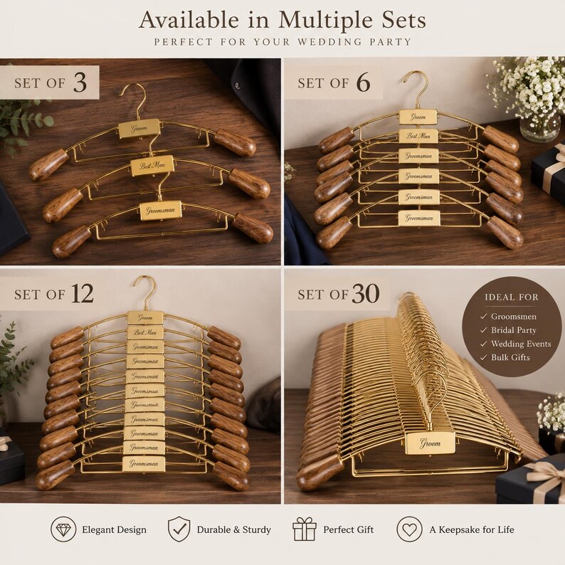 May include: A collection of gold-toned metal hangers with dark wood-toned ends, displayed in sets of 3, 6, 12, and 30. Each hanger features a central rectangular plate engraved with titles such as Groom, Best Man, and Groomsman. The hangers have curved hooks.
