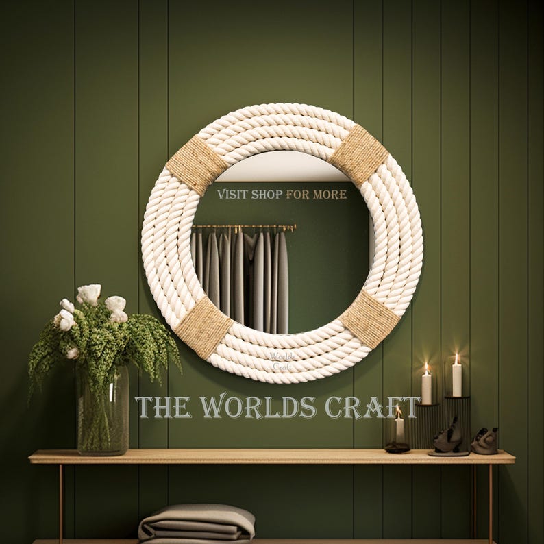 Soft Touch Cotton Rope Hanging Wall Mirror - Round Farmhouse Nautical ...