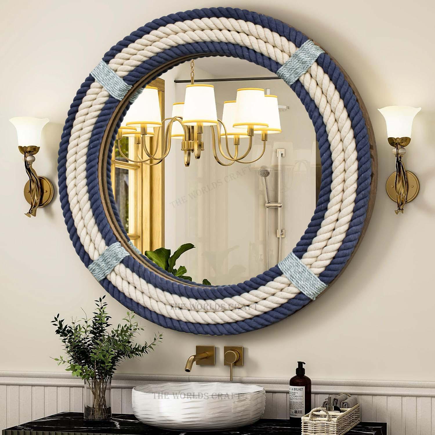 Soft Touch Cotton Rope Hanging wall Mirror - Round Farmhouse Nautical Décor, Decorative Bathroom & Entryway Circular Porthole Coastal Style