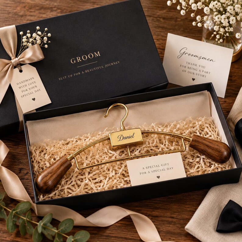 May include: A gold-toned metal hanger with dark wood ends, featuring the name Daniel engraved on a central rectangular plate. The hanger is presented in a black gift box filled with shredded paper, accompanied by a card reading A SPECIAL GIFT.