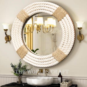 Soft Touch Cotton Rope Hanging wall Mirror - Round Farmhouse Nautical Décor, Decorative Bathroom & Entryway Circular Porthole Coastal Style
