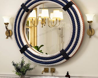 High Quality Soft Touch Rope Hanging wall Mirror - Round Farmhouse Style Accent, Decorative Bathroom & Entryway Piece, Circular Porthole
