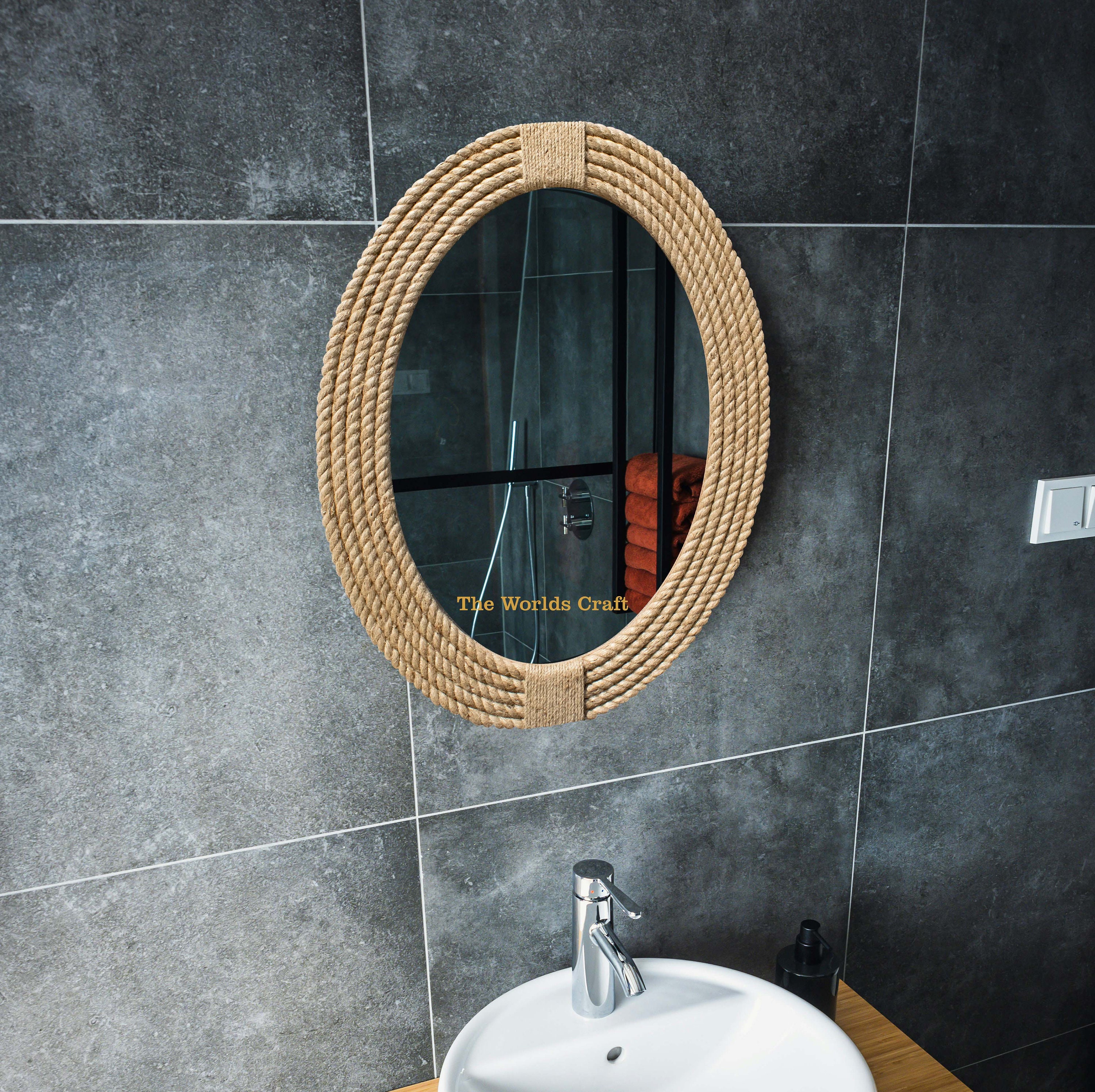 Nautical Rope Hanging Mirror Round Farmhouse Style Accent, Decorative