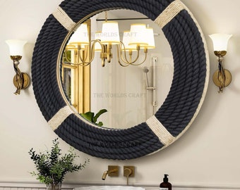 Soft Touch Cotton Rope Hanging wall Mirror - Round Farmhouse Nautical Décor, Decorative Bathroom & Entryway Circular Porthole Coastal Style