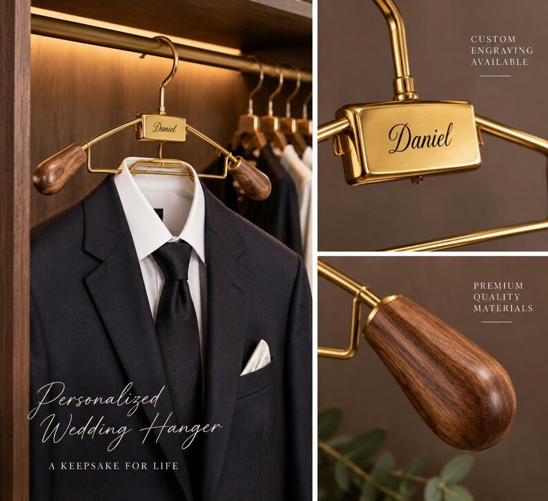 May include: A gold-toned metal clothes hanger with dark wood shoulder ends and a central rectangular plate engraved with the name Daniel. The hanger supports a black suit jacket, white dress shirt, and black tie. Text reads Custom Engraving Available.