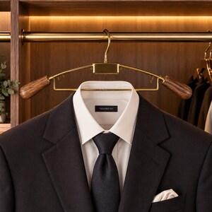 May include: A dark charcoal suit jacket with a crisp white collared shirt and a solid dark tie. The shirt features a black label reading TAILORED FIT. The ensemble hangs on a gold-toned metal hanger with polished dark wood shoulder ends.