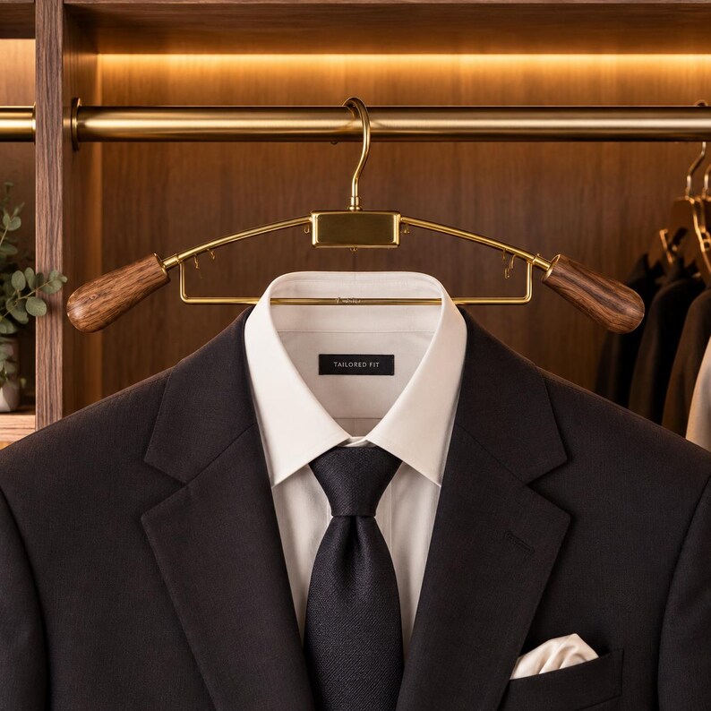 May include: A dark charcoal suit jacket with a crisp white collared shirt and a solid dark tie. The shirt features a black label reading TAILORED FIT. The ensemble hangs on a gold-toned metal hanger with polished dark wood shoulder ends.
