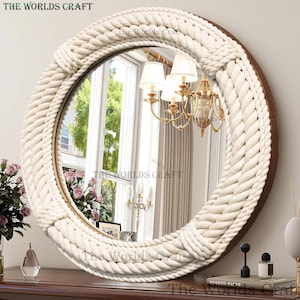 Soft Touch Rope Durable Hanging Mirror Round Nautical Decor Decorative Bathroom Living Entryway Circular Porthole Style Wall Decor HANDMADE