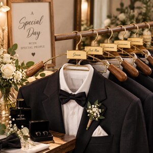 May include: A row of gold-toned metal hangers with dark wood ends, each featuring a rectangular plaque engraved with titles like Groom, Best Man, and Groomsman. A black suit jacket with a white shirt, black bowtie, and floral boutonniere hangs below.