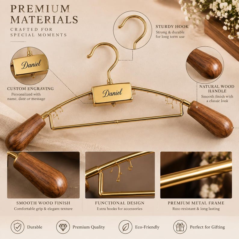 May include: A gold-toned metal clothes hanger featuring dark brown natural wood handles on each end. The center rectangular plate is engraved with the name Daniel. The hanger includes a sturdy metal hook and small hooks for accessories.
