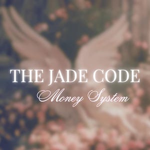 Puede incluir: Una imagen borrosa de un ala de ángel blanca con el texto "THE JADE CODE Money System" en blanco.