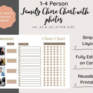 May include: A printable family chore chart with space for photos, names, and chores. The chart includes a weekly schedule with checkboxes for each day. The design is simple and fully editable, available in A4, A5, and US Letter sizes.