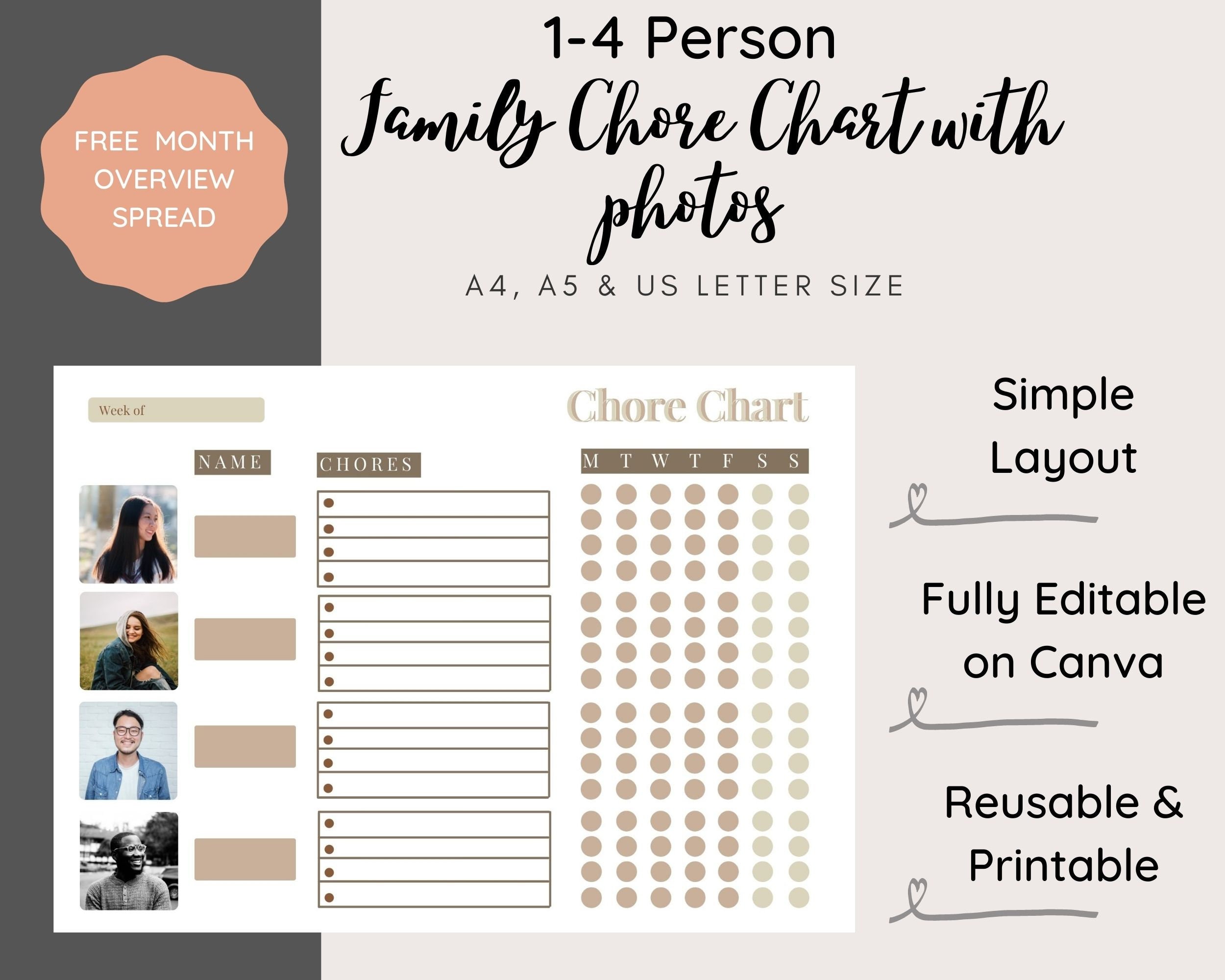 4 Person Family Chore Chart With Photos, Chore Chart Adult Editable ...