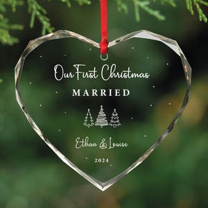 Personalized First Christmas Married Heart Shaped GLASS Ornament, Newlywed Marriage Gift
