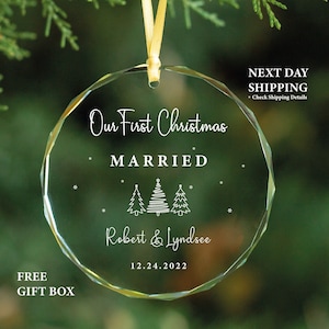 Personalized Married Christmas GLASS Ornament, Newlywed Gift for Christmas, Our First Christmas Married Ornament