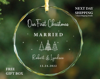 Personalized Married Christmas GLASS Ornament, Newlywed Gift for Christmas, Our First Christmas Married Ornament