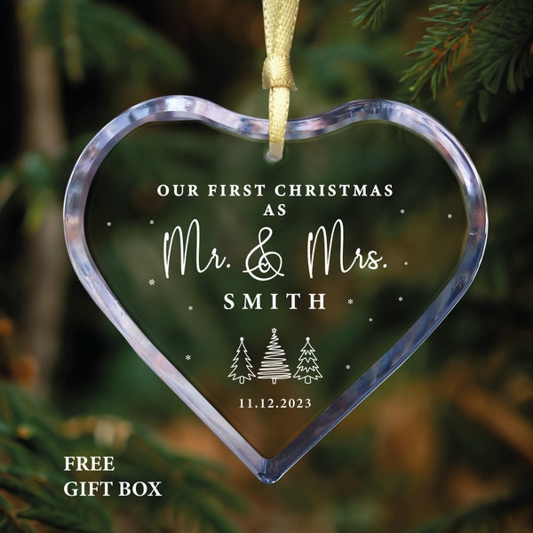 Personalized Mr and Mrs Christmas Heart Shaped GLASS Ornament, Our First Christmas Married as Mr and Mrs Ornament