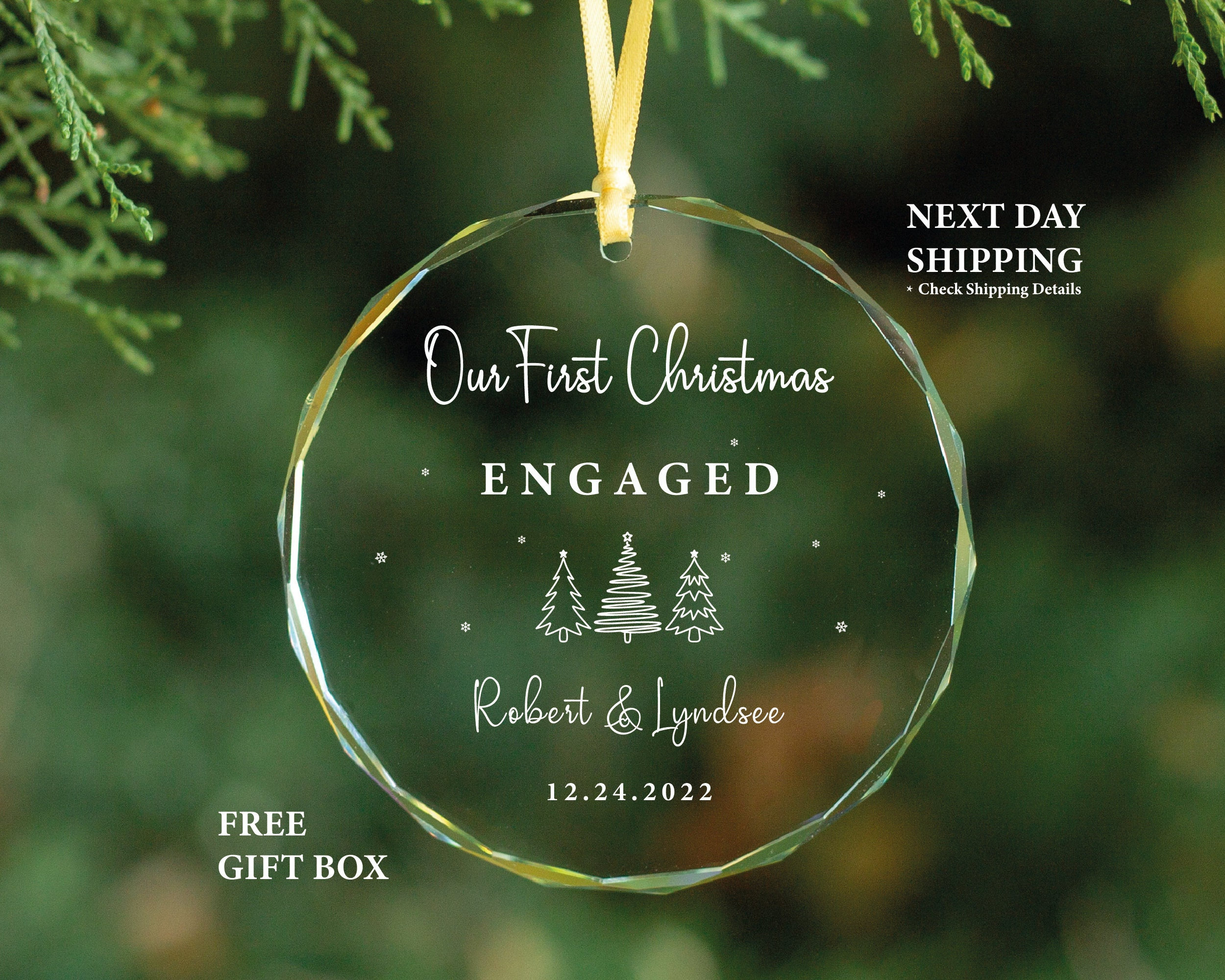 Personalized Engaged Christmas GLASS Ornament, Newly Engaged Gift for Christmas, Our First Christmas Engaged Ornament