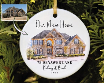 Custom Watercolor House Portrait Ornament, Personalized Housewarming Gift, First Home Portrait Photo Ornament, Realtor Closing Gift