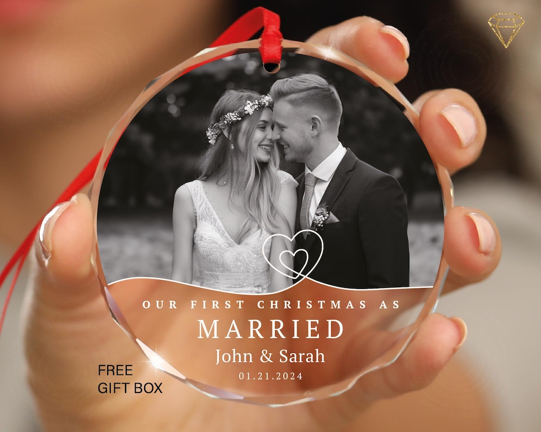 Personalized First Christmas Married Ornament Photo GLASS Wedding ...