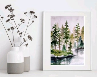 Aquarell Original See Landschaft Wald Nebel Malerei Gemälde Wand Dekoration Grün