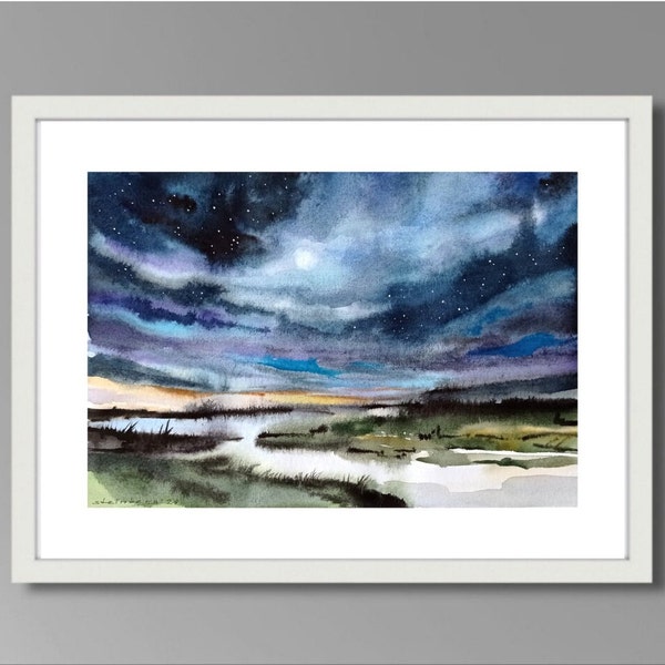 Aquarell Original Abstrakt Landschaft Malerei Gemälde Nachthimmel Fluss