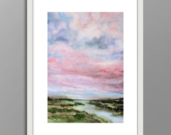 Aquarell original abstrakt Landschaft Sonnenuntergang Fluss Wiese