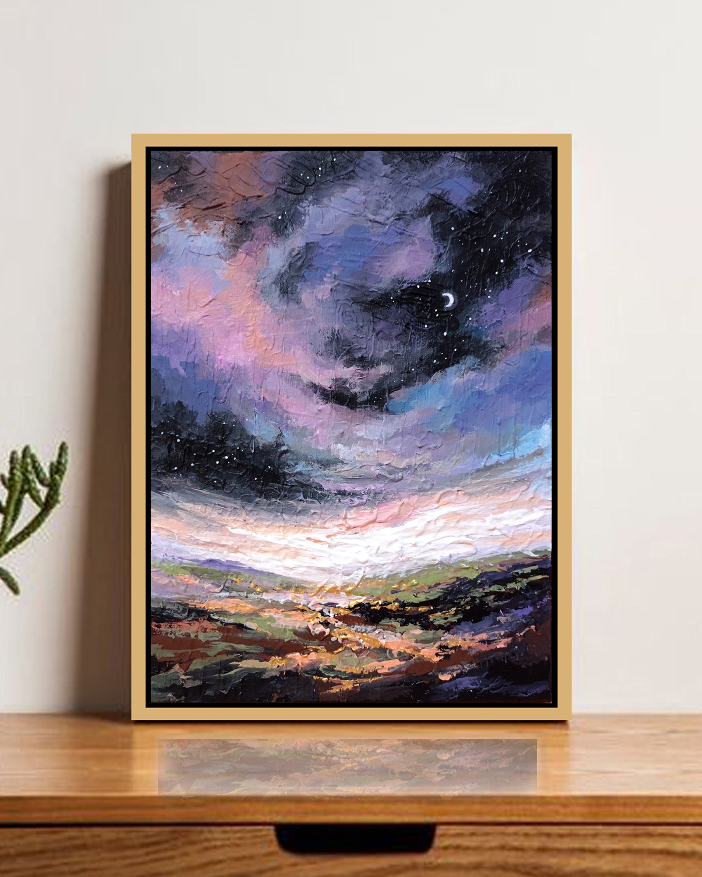 Purple Acrylic Painting Sunset Moon Stars Clouds, Hand Paint