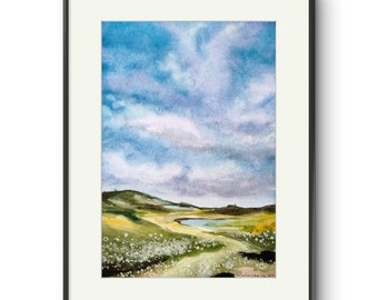 Aquarell original abstrakt Landschaft Grüne Wiese Blauer Himmel Sommer