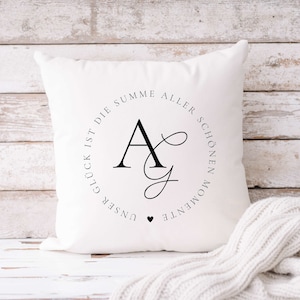 Cushion with initials, interchangeable saying, translation in all languages possible, 100% cotton, soft fabric, gift for couples
