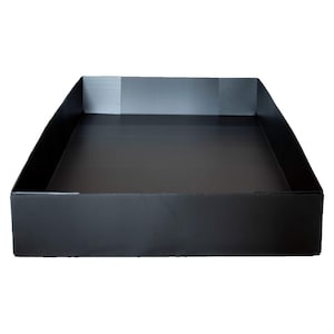 May include: A black, rectangular, corrugated plastic container with a low profile. The container has a flat base and vertical sides, creating a shallow tray. The material has a ribbed texture. The background is white.
