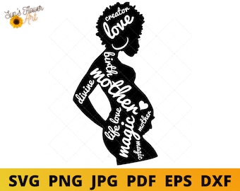 Black Afro Pregnant Woman SVG Cut File for Cricut Silhouette Tshirts PNG African American Maternity Art