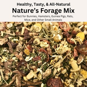An earth toned healthy, tasty, and all natural forage mix. Comprised of chamomile, rose hips, dandelion root, and nettle leaf. Perfect for greens topper or hay topper