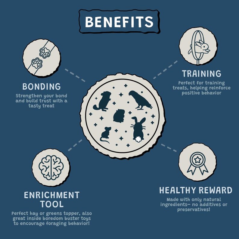 Graphic with a blue background highlighting the benefits of bite-sized treats: Bonding – strengthens bond with small animals; Training – can be used for positive reinforcement; Reward – made with only natural ingredients; Enrichment Tool – can be used as a topping for greens or hay, or in boredom busters to encourage foraging behavior.